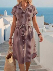 Vestido midi casual de mujer con botones frontales a rayas, vestido de verano con cintura anudada, vestido de trabajo de verano, vestido preppy, vestido con botones para mujer, vestido a rayas azul, vestidos de verano para mujer, conjuntos de v - Rosa - Ver 5