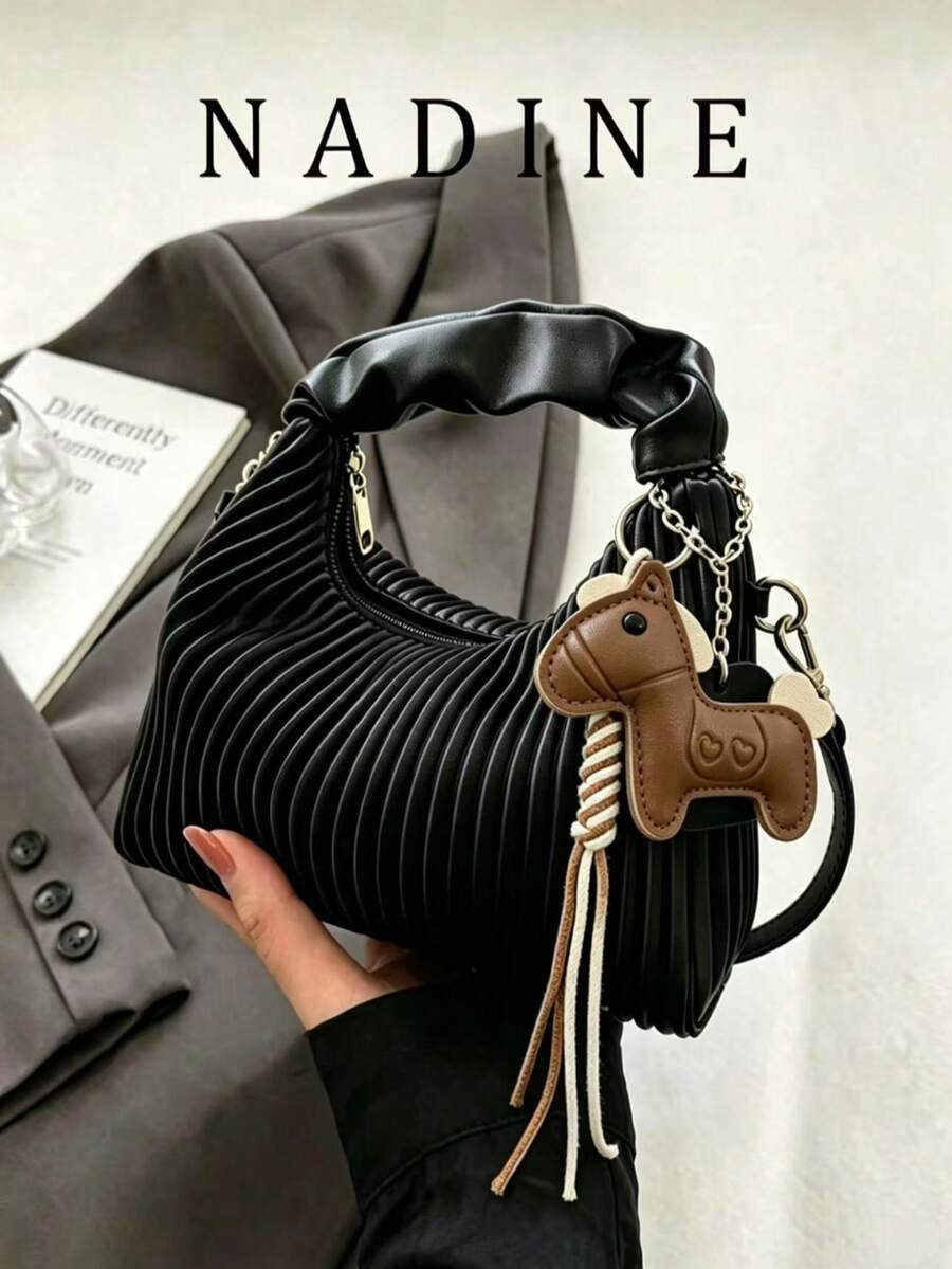 New Fashionable Versatile Vertical Striped Shoulder/Crossbody Bag (With Pendant)