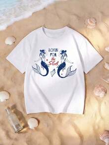 Women's Regular Fit White Casual T-Shirt, Round Neck, Drop Shoulders, Short Sleeve, With 'Born For The Sea' Mermaid Print, Boho Beach Style WHEE - 白色 - 查看 2