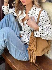Camisa de mujer con estampado de lunares, de primavera/verano, nueva, informal, con cuello alto, botones delanteros, cintura con lazo, diseño elegante y ajuste ceñido para uso diario y viajes, color blanco - Blanco - Ver 3