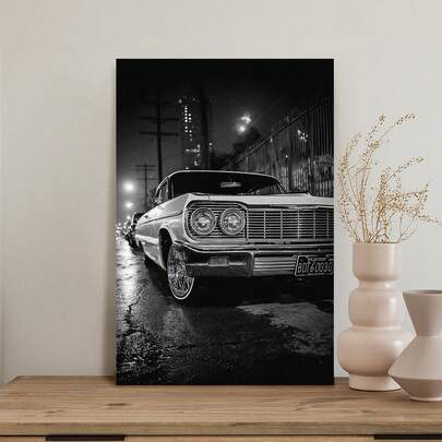 Framed Lowrider Car On Wet City Street Canvas Wall Art Black And White Automotive Prints Retro Night Aesthetic Posters For Garage Man Cave Bedroom Living Room Home Decor Cool Car Enthusiast Gift Moody Urban Scene Accents Bold Statement Artwork Shiny  Details Decor Modern Chic Room Accents Timeless Vintage Ride Inspired Art