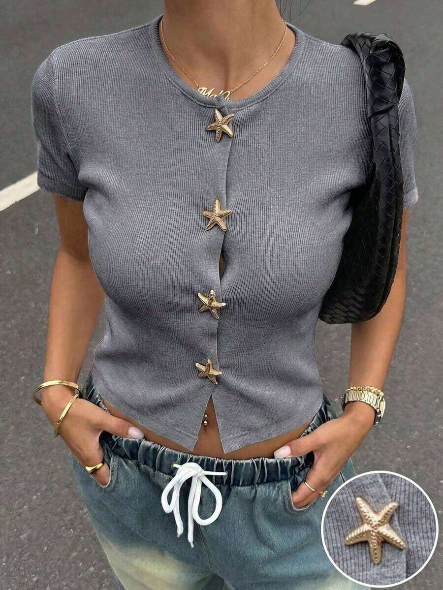 Camiseta ajustada de punto casual de cuello redondo y manga corta para mujer en color albaricoque - Gris Oscuro - Ver 1
