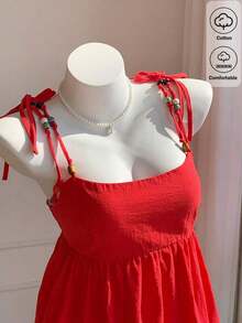 Camiseta sin mangas casual con volantes bordados para mujer - Rojo - Ver 7