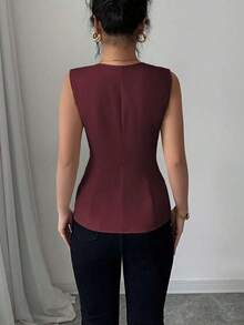 Blusa elegante de mujer con cuello cuadrado sin mangas, decoración con bolsillo falso, camisa ajustada de oficina, primavera/verano - Burdeos - Ver 2
