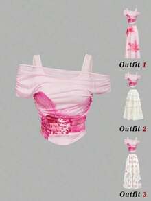 Top de chaleco de unicolor cubierto por una manga abullonada de malla color albaricoque para mujer - Rosa - Ver 2