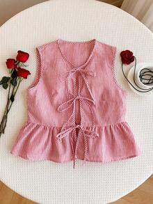Blusa de rayas y estampado sin mangas para uso diario sencilla, tops sin mangas - Rojo - Ver 6