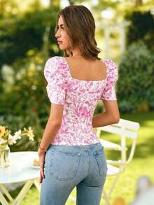 Blusa de mujer casual y elegante con estampado floral romántico y cuello en V, manga abullonada, para primavera/verano.Blusa floral de verano, blusa de primavera, blusa de manga abullonada, blusa floral, Blusa floral francesa suave del verano 2026 con cuello de corazón, manga abullonada y ajuste ceñido, blusa de manga corta linda para vacaciones, camisa delgada versátil para uso diario - Rosa 2 - Ver 2