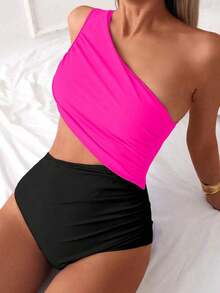 Swim 1 pieza Traje de baño de una pieza para mujer con diseño calado y fruncido en color liso - Multicolor - Ver 5