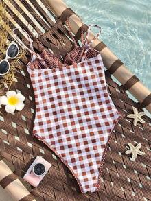 Traje de baño de una pieza a cuadros para mujer Swim Mod con tirantes finos, adecuado para vacaciones en la playa, primavera/verano. - Multicolor - Ver 4