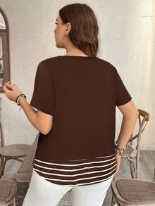 Camiseta casual de talla grande con bolsillo y rayas de contraste, prenda de vestir occidental estilo boho bohemio, top de festival de los 90, verano y primavera - Marrón Chocolate - Ver 2