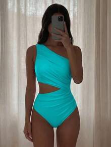 Swim 1 pieza Traje de baño de una pieza para mujer con diseño calado y fruncido en color liso - verde menta - Ver 8