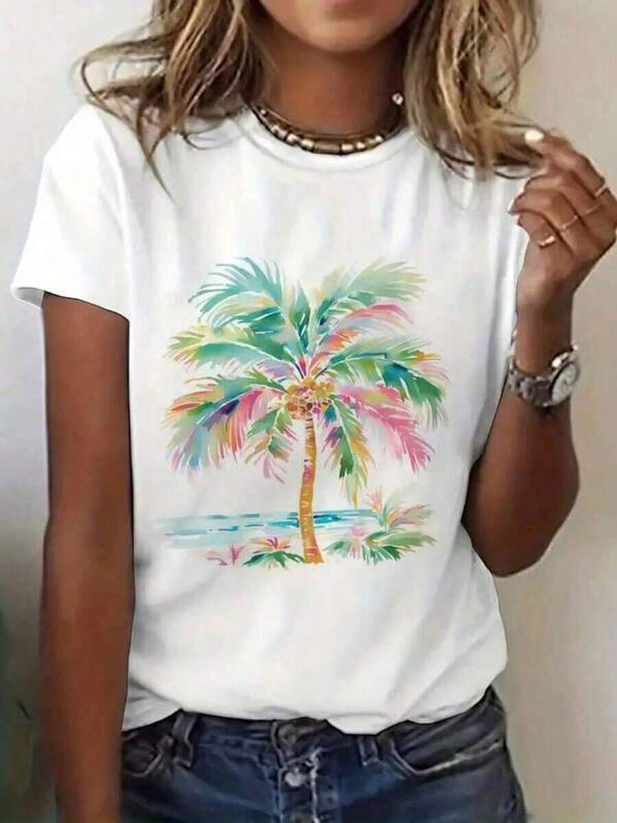 Women's T-Shirt With White Tropical Palm Tree Print - Cute Casual Summer Beach T-Shirt With A Vibrant Pink, Blue, Green And Yellow Design, Lightweight Round Neck Flared Silhouette T-Shirt For Spring, Summer And Vacation Outfits - 白色 - 查看 1