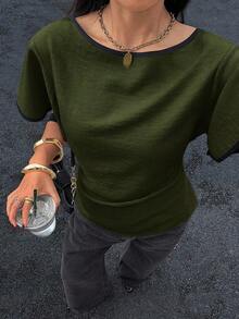 Camisa casual de mujer con ribete de contraste en la cintura y manga corta, para verano - Verde militar - Ver 4
