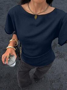 Camisa casual de mujer con ribete de contraste en la cintura y manga corta, para verano - Azul marino 2 - Ver 4