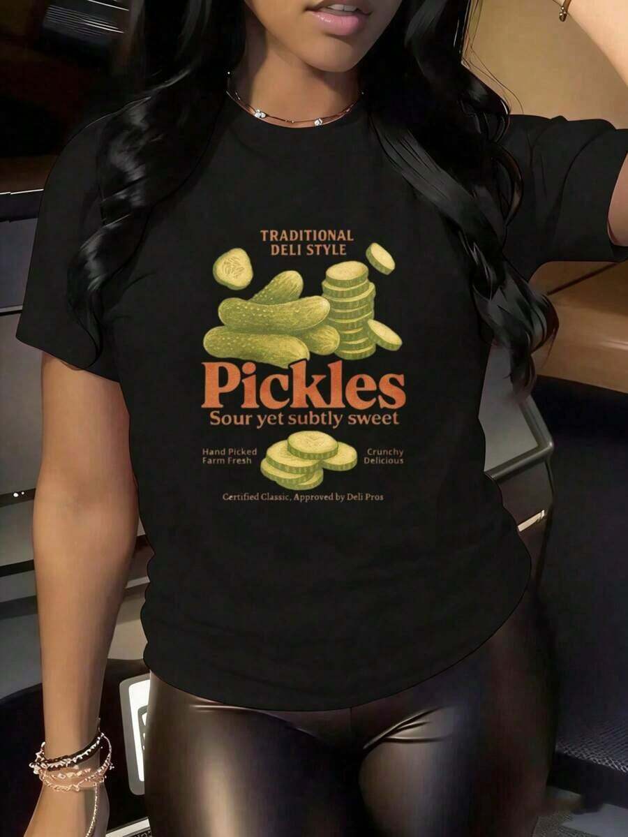 Funny Friday Print T-Shirt, Friday Print, Traditional Style, Sour But Subtly Sweet Pickles, Hand Pickled, Farm Fresh, Crunchy, Classic, Professional Approved, Suitable For Christmas Parties, Sports Outings And Other Christmas Gifts, Suitable For Spring, Summer And Autumn. - 黑色 - 查看 1
