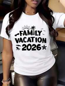 Camiseta de mujer de cuello redondo con estampado de palmera, silla de playa, estrellara vacaciones familiares 2026, atuendo de verano para vies, 220g - Blanco - Ver 2