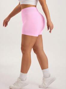 NcmRyu 1pc Women Plus Size Solid Color Ruched Fitted Sports Shorts - Pink - View 3