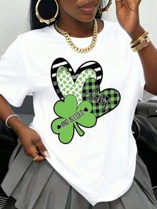Camiseta de manga corta para mujer con estampado de corazón y trébol de la suerte, estilo casual y moderno, cuello redondo, para la celebración del Día de San Patricio, camiseta de verano. - Blanco - Ver 6