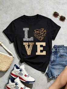 Solt 1pscCamiseta de algodón de manga corta con cuello redondo, Camiseta de verano casual suave para mujer con cuello redondo y manga corta, Camiseta de mujer de con cuello redondo, estampado de leopardo y gráfico de letras, de estilo casual, Tops para salir, Algodón, Vintage, Estilo urbano europeo y americano, Deportivo casual, Estilo unisex, Estilo casual urbano, Tops bonitos, G.100% algodón con estampado gráfico - Negro - Ver 2