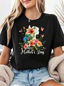 Camiseta 100% Algodón Puro para Mamá con Estampado Divertido de Flores para el Día de la Madre 2026, Estilos Cómodos y Acogedores para el Verano, Adecuada para el Uso Diario Casual de Mujeres, Ideal para primavera, verano y otoño. - Negro - Ver 7