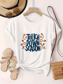 Camiseta Casual con Estampado Moderno para Mujer, Ideal para la Temporada de Fútbol Americano, Apta para Todas las Temporadas  
 Negro - Blanco - Ver 2