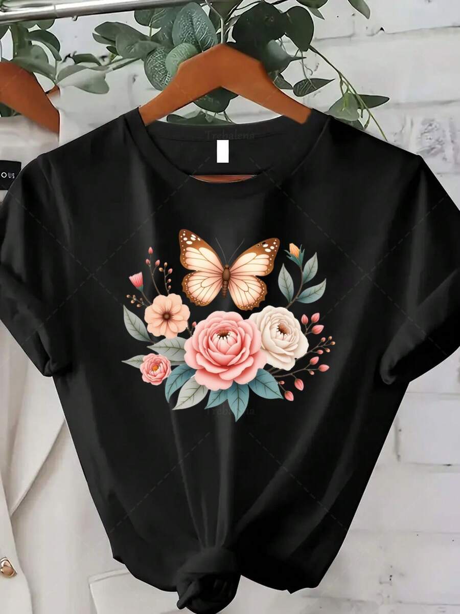 Classic Plus Size - Plus Size - Modern Design T-Shirt, Suitable For Plus-Size Women, With A Butterfly And Flower Print, Perfect For Casual Summer Wear. This Short-Sleeved, Crew-Neck T-Shirt In A Bohemian Style Is An Ideal Choice For Summer And Fall. A Bestseller. - 黑色 - 查看 1