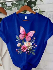 Classic Plus Size Women's Clothing, Pink Butterfly Print T-Shirt - Casual Short Sleeve Round Neck Top, Suitable For Spring, Summer And Autumn, With Random Floral And Wing Patterns, Machine Washable, A Beautiful Gift For Christmas, Thanksgiving And New Year (Success Of ). - 藍色 - 查看 7