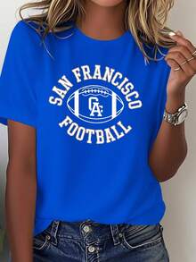 Camiseta de edición limitada para mujer con el del equipo de fútbol de San Francisco, California - Ropa casual pura para fanáticos, con letras doradas y diseño de fútbol, adecuada para todas las estaciones, con elónico SF para los seguidores, hecha de algodón ligero. - Azul - Ver 12