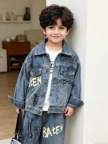 2pcs/Set Boys Casual Denim Jacket And Jeans Outfit Set, Loose Fit Suitable For Daily, School, Outdoor Wear, Autumn - Baby Blue - View 6