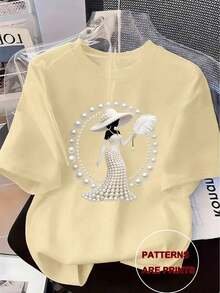2026 Nueva llegada Primavera/Verano ¡Elegante y de lujo Estilo elegante de alta gama! Camiseta estampada para mujer - Adornada con perlas falsas y cristales, diseño elegante y lujoso para uso casual diario, Parte superior de manga corta y cuello redondo de Primavera/Verano en color-Vintage Street Style Unisexoose Cotton Short Sleeve Crew Neck T-Shirt - Albaricoque - Ver 7