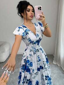 Nuevo vestido elegante y ajustado con capucha, diseño de cordón en la cintura y estampado tejido, estilo de vacaciones para mujeres - Multicolor - Ver 7