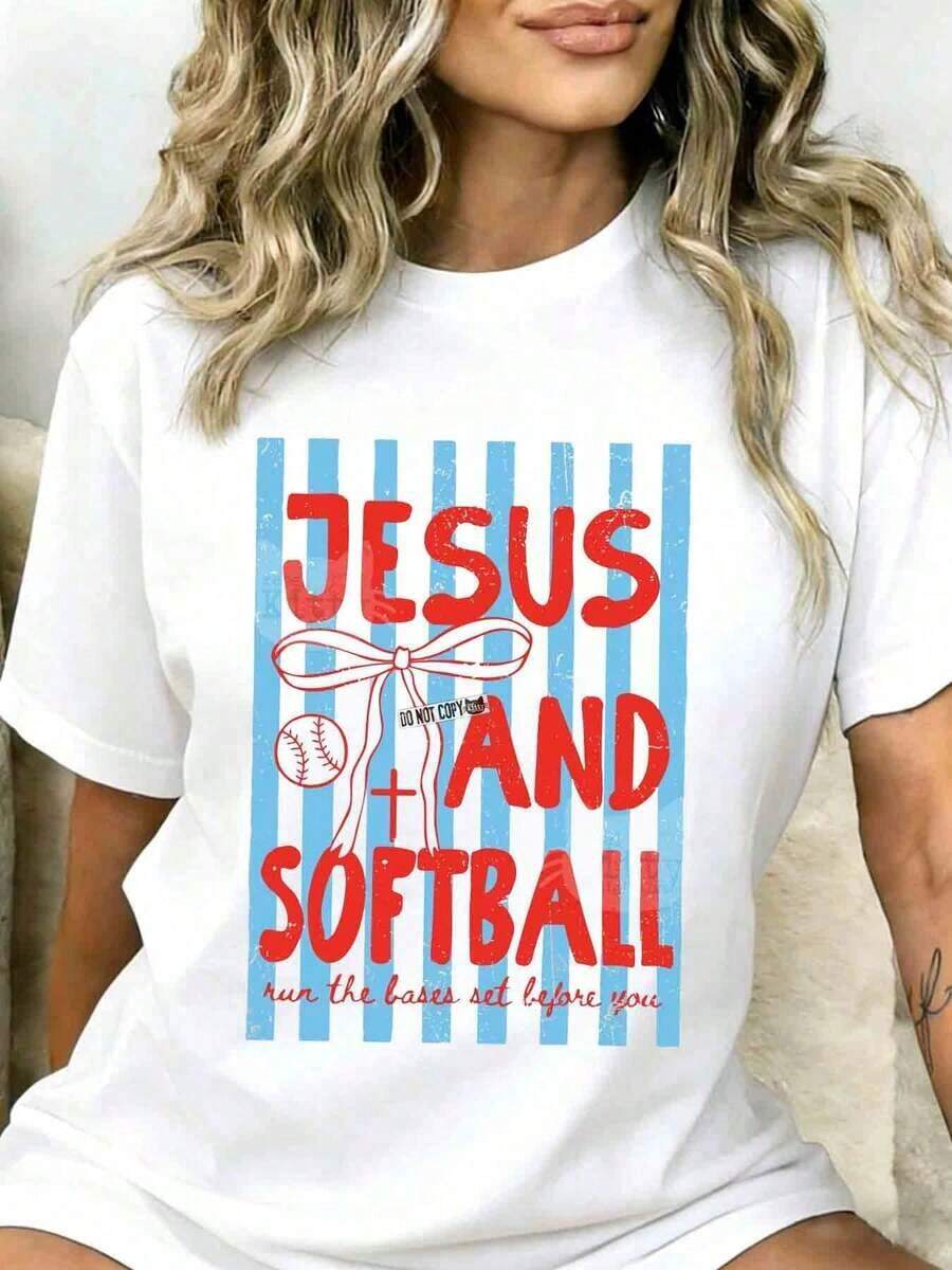 1 Piece Women's T-Shirt "Jesus And Softball Run The Bases Act Before You" Gift For Softball And Christian Faith Lovers Summer Casual Wear 180g 100% Cotton - 白色 - 查看 1