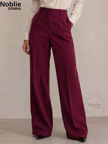 Set Of 2 Tailored Wide Leg High-Waisted Palazzo Pants, Elegant, With Front Button - 1 Navy Blue 1 Wine - View 4
