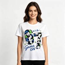 Tops para mujerEsta Chaqueta holgada con estampado para adolescentes presenta un diseño de controlador de videojuegos, el número 67 y un eslogan. una Chaqueta informal de manga corta adecuada para fiestas de juegos, reuniones de fin de semana, ropa urbana y uso casual diario. - Blanco - Ver 12
