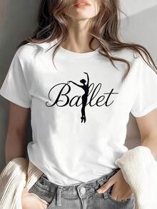 Camiseta de algodón puro con estampado para mujer, camiseta de manga corta con temática de ballet y estampado de bailarinas, cuello redondo, ideal para primavera/verano, adecuada para compras informales, regalos de vacaciones, reuniones con amigos, fiestas de música y ropa de vacaciones. - Blanco - Ver 1