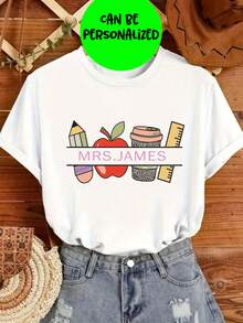 Regalo personalizado para el Día de San Valentín y el Día del Maestro: Camiseta de mujer personalizada con tu texto personalizado estampado termoadhesivo en el pecho frontal - Negro - Ver 6