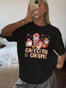1pc Cafecito Y Chisme Print Celebrates [The Occasion]. Showcases Drinks Like Coffee, Hot Chocolate, And Sweet Breads Such As Conchas, Croissants, Palmeras, And Pastries. Ideal For Pleasant Chats And Sweet Moments Shared Among Friends. Women's T-Shirt, 100% Cotton. - 黑色 - 查看 6