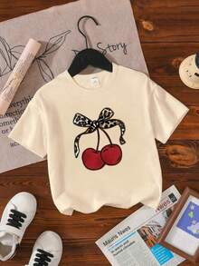 Graphic T-Shirt For Kids, Girls' Clothing, Boys' Clothing, Cherry With Leopard Print Bow, Suitable For Everyday Wear, Street Style, Outings, Home, Holidays, Back To School, Spring And Summer - 杏色 - 查看 7