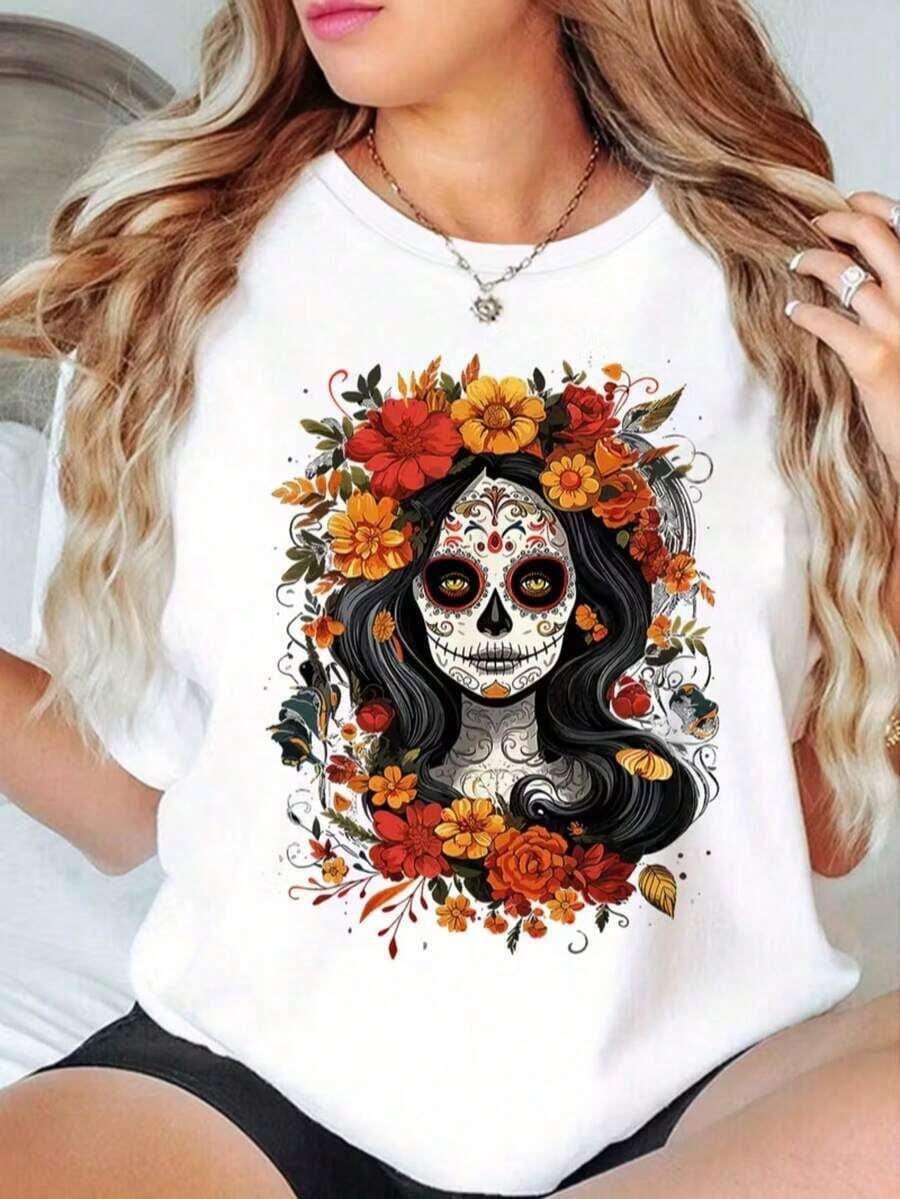 Women's Heat T-Shirts Basic Graphic Print T-Shirt For Women Short Sleeve Round Neck Catrina Skull Print Mexico Halloween Day Of The Dead Flower Floral Marigold Cute Gym Exercise Aesthetic Regular Casual Comfortable Cool Lightweight Soft Modern Youthful Romantic Bohemian Outing Home Daily Day Beach Heat Spring Summer Office Versatile Creative - 白色 - 查看 1