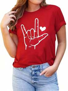 1 pieza, 100% algodón, camiseta de mujer para el Día de San Valentín, moda de verano, con estampado de corazón y la frase "Te amo", camiseta de manga corta para mujer WTQ7602, camiseta de algodón transpirable, combina con todo, 100% algodón. - Rojo - Ver 6