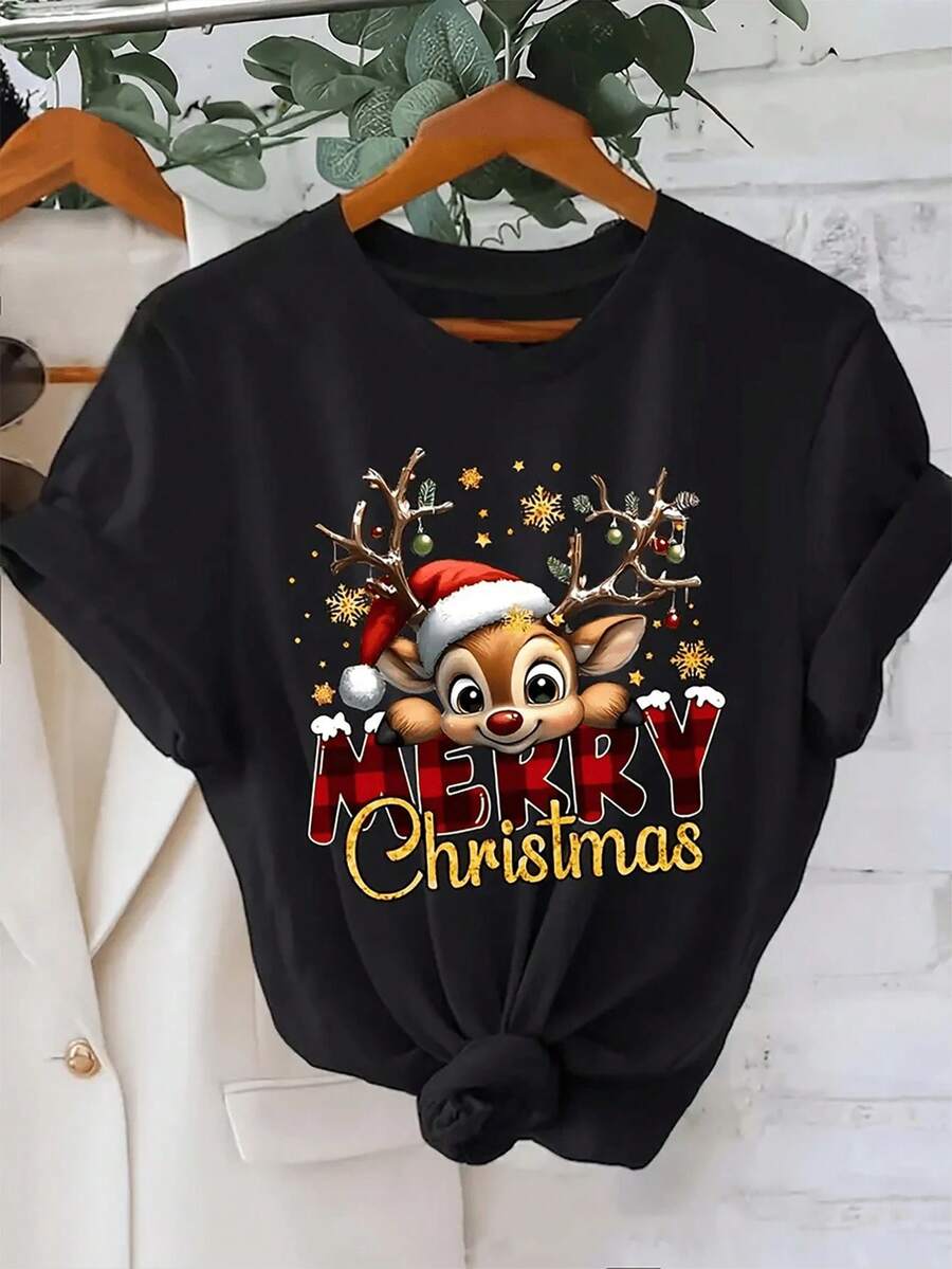 Nueva Camiseta Casual de Verano para Mujer con Estampado de Lema Navideño, Manga Corta, Cuello Redondo, Corte Regular - Estilo Urbano Vintage, Unisex, de Algodón, Manga Corta, Cuello Redondo - Negro - Ver 1