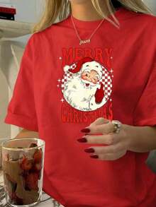 NewSummerCasual Christmas Santa Claus Printed Casual T-Shirt, Regular Fit, Crew Neck, Short Sleeve, Party Santa Claus - Vintage Street Style Unisex Loose Cotton Short Sleeve Crew Neck T-Shirt - 紅色的 - 查看 6