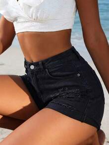 Women's Sexy Distressed Stretch Fitted Straight Leg Denim Shorts, Summer - Black - View 5