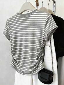 Camiseta casual de mujer con estampado digital a rayas y cordón en la cintura, un gran regalo para amigos - Multicolor 3 - Ver 2