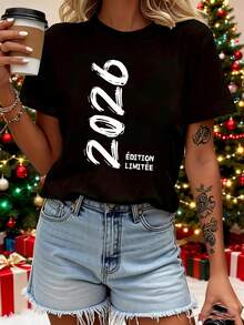 Camiseta de eión limit francesa 2026 con estampado de letras, manga corta y cuello redondo, top casual para verano y primavera, ropa de mujer - Negro - Ver 2