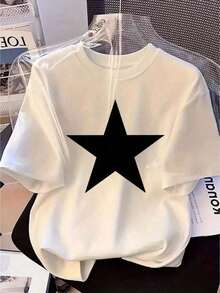 Top mujerCamisetas deportivas casuales de manga corta para mujer, 100% algodón, con estampado de estrellas llamativas - Top de cuello redondo en blanco y negro para primavera/verano, lavable a máquina, ropa de verano, tela no transparente. 2026 - Blanco - Ver 6