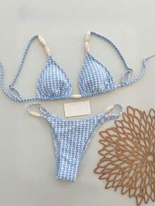 Bikinx Conjunto de bikini de estilo bohemio casual para mujer 2026, con tirantes de espagueti con cuentas, diseño sin cables de tela texturizada, adecuado para vacaciones en la playa en verano - Azul y blanco - Ver 9