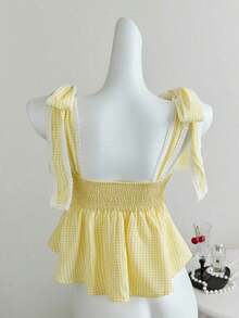 Camiseta de tirantes con volantes y lazo a cuadros linda para mujer - Amarillo - Ver 2