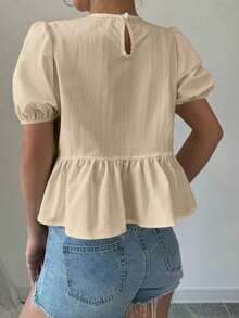 Blusa con volantes y mangas abullonadas con lazo en la parte delantera - Caqui - Ver 2