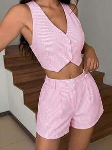 Conjunto de chaleco sin mangas y pantalones cortos a rayas azul y blanco, apto para primavera/verano y otoño/invierno - Rosa - Ver 6